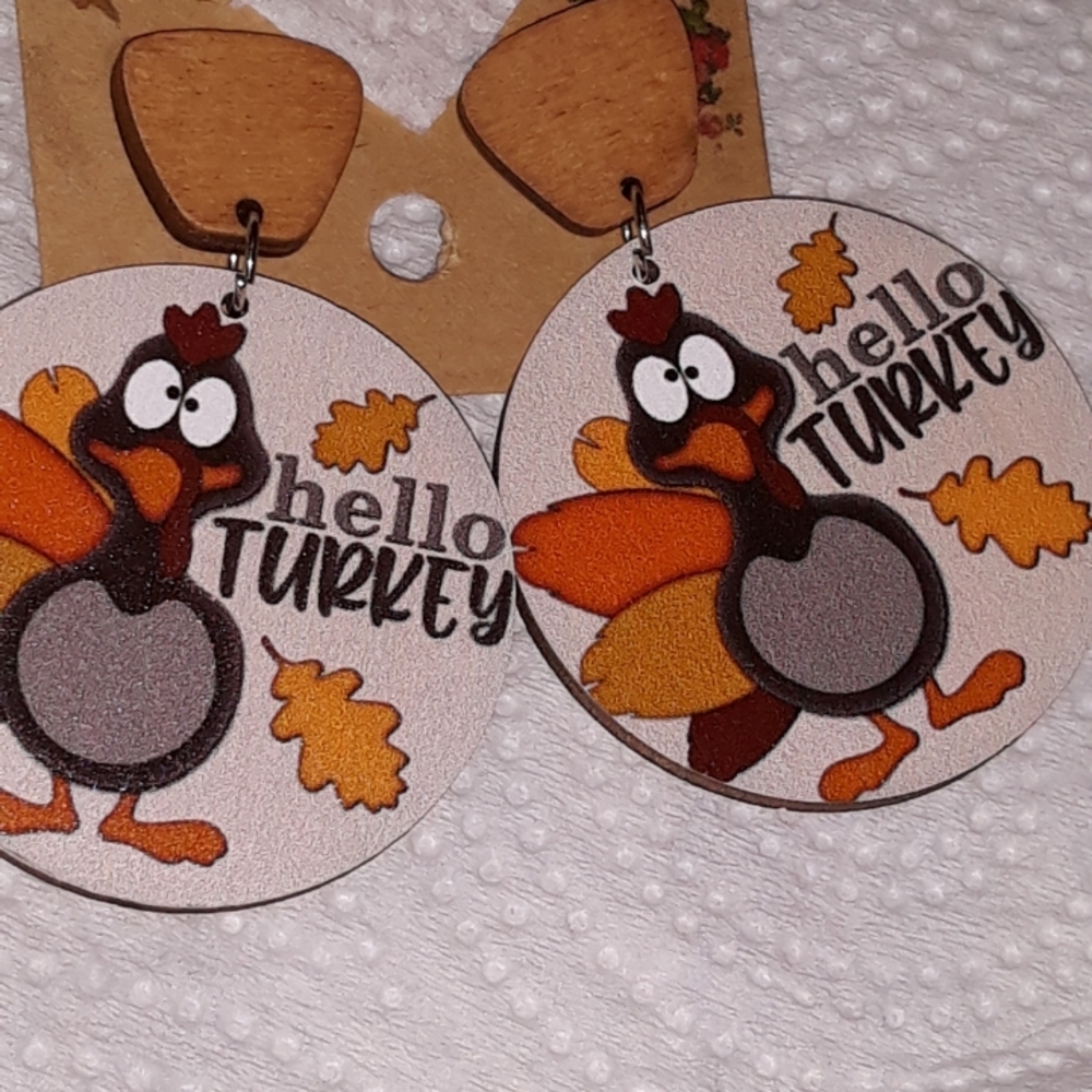 Hello Turkey Wood Drop Earrings - Orange, Brown, Gold Accents